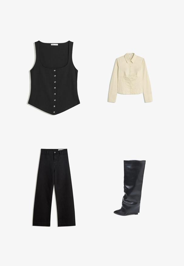 Top fără mâneci, de culoare neagră, cu un design ajustat, având un decolteu rotund și un rând de nasturi metalici argintii pe partea din față. Material moale.; Bluză bej cu mânecă lungă, cu nasturi, cu guler ascuțit și detalii la talie, întinsă pe un fundal alb.; Pantaloni din denim negri cu picioare largi, cu talie înaltă, având buzunare frontale și posterioare, cusături dublate și închidere cu nasture. Textură netedă.; Bata Cizme cu talpă ortopedică - nero