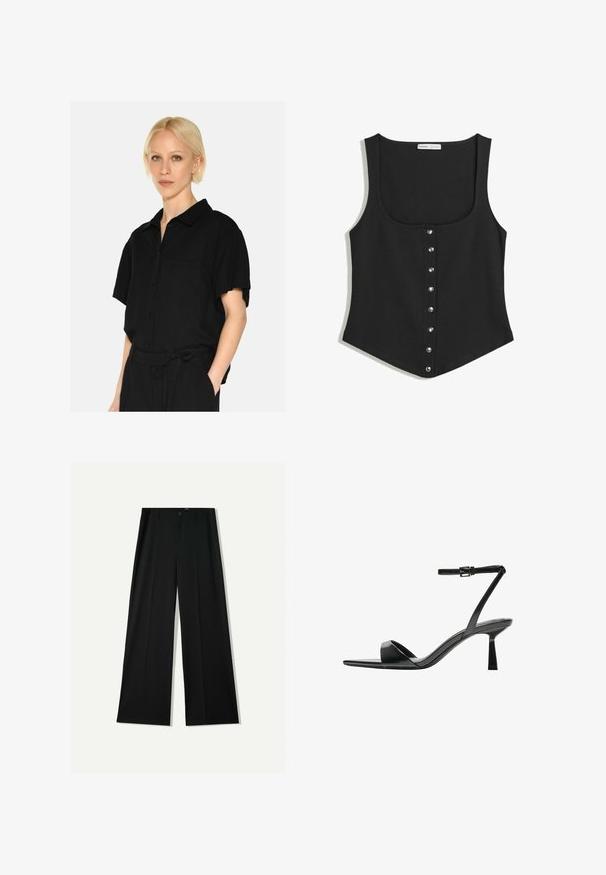 Czarny bezrękawnik w dopasowanym fasonie, z okrągłym dekoltem i rzędem srebrnych zatrzasków na przodzie. Miękka tkanina.; Czarna koszula z krótkim rękawem, zapinana na guziki, z kołnierzykiem i kieszonką na piersi, wykonana z miękkiego materiału. Projekt jest luźny i elegancki.; Bershka WIDE czarny; Bershka - Sandały na obcasie