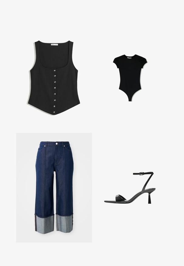 Svart ärmlös linne i en figurnära design, med en rundad halsringning och en rad av silverfärgade tryckknappar fram. Mjuk tyg.; Svart kortärmad bodysuit med rundad halsringning och högskurna benöppningar, tillverkad av ett mjukt, stretchigt material.; Mörkblå vida jeans med uppvikt fåll som visar ljusare denim inuti, knapp framtill och fickor på en vit bakgrund.; Bershka Sandaletter - black