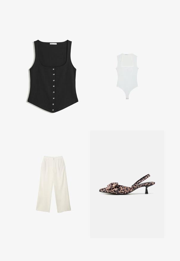 Top senza maniche nero dal design aderente, con scollatura rotonda e una fila di bottoni a pressione argentati sul davanti. Tessuto morbido.; Body bianco con scollatura quadrata, design senza maniche, texture liscia e chiusura a pressione sul fondo. Stile semplice e minimalista.; Pantaloni a gamba larga in tessuto crema con una texture liscia, caratterizzati da un singolo bottone frontale, pieghe sottili e un design a vita alta.; Décolleté con cinturino a slingback in tessuto a stampa leopardata con un accessorio a fiocco, dotate di un tacco basso nero e una texture liscia.