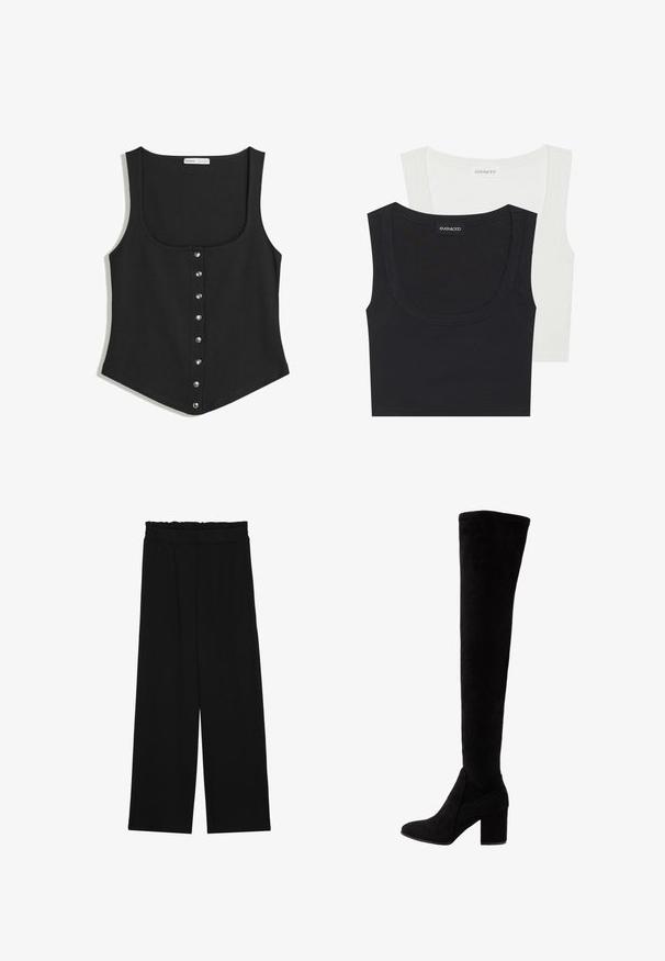 Czarny bezrękawnik w dopasowanym fasonie, z okrągłym dekoltem i rzędem srebrnych zatrzasków na przodzie. Miękka tkanina.; Dwa topy bez rękawów w kolorze czarnym i białym, wykonane z elastycznego materiału. Charakteryzują się okrągłym dekoltem i równomiernym szwem na krawędziach. Widoczna metka marki.; Czarne spodnie typu wide-leg z falbaną w pasie, z dwoma bocznymi kieszeniami i gładkim, lekkim materiałem. Brak widocznych wzorów lub elementów metalowych.; Czarne kozaki za kolano wykonane z miękkiego zamszu, z masywnym wysokim obcasem oraz eleganckim, dopasowanym krojem i zaokrąglonym noskiem.