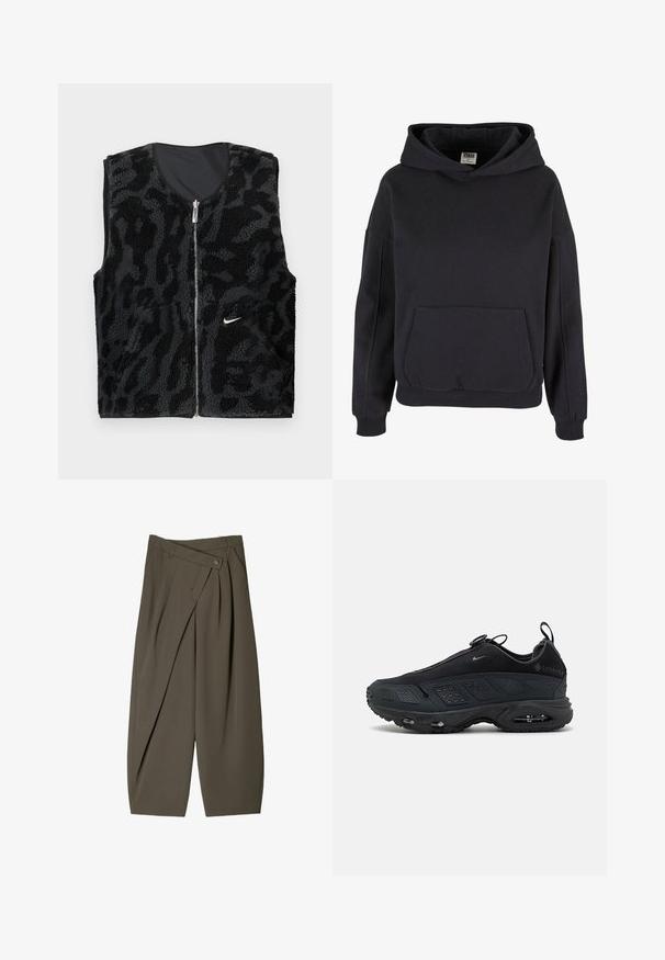 Čierna fleecová vesta so zipsom vpredu, s textúrovaným vzorom zvieracej kožušiny a malým bielym logom Nike na ľavej strane.; Čierna bavlnená mikina s priestrannou klokankou, veľkou kapucňou, ribbenými manžetami a lemom. Jednoduchý, cez hlavu navliekací dizajn bez viditeľných vzorov.; Široké nohavice z tmavozelenej látky s plisovaným predným dizajnom, gombíkovým zapínaním a lesklým, textúrovaným povrchom.; Čierne tenisky s textúrovaným sieťovaným horným dielom, gumenou podrážkou a viditeľným vzduchovým odpružením. Obsahujú popruhy a perforované akcenty pre lepšiu priedušnosť.