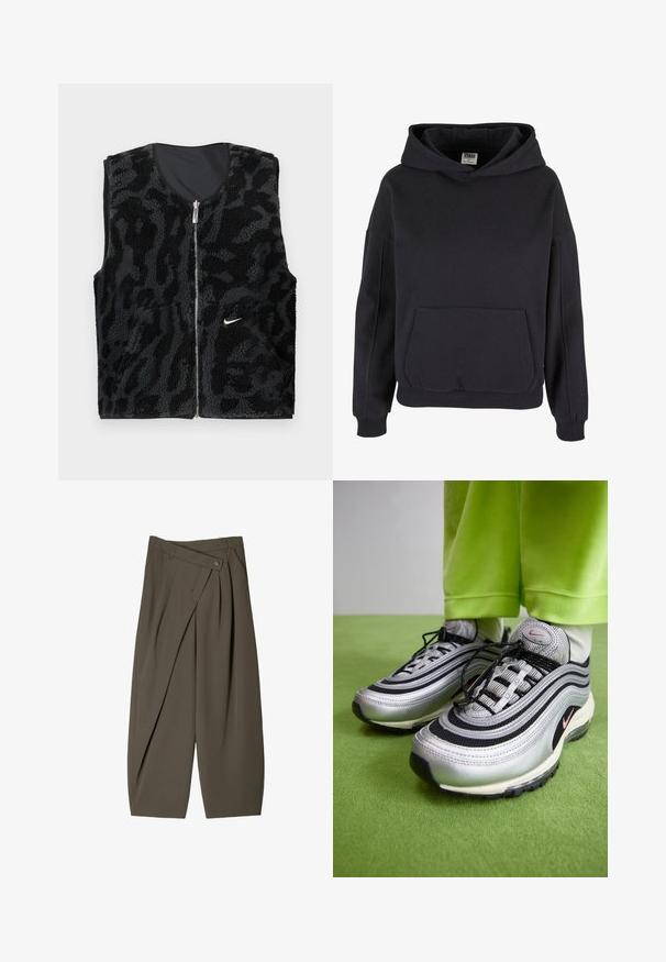 Černá fleecová vesta s předním zipem, která se vyznačuje texturovaným vzorem zvířecí tisky a malým bílým logem Nike na levé straně.; Černá bavlněná mikina s prostornou klokankou, velkou kapucí, žebrovanými manžetami a lemem. Jednoduchý design na přes hlavu bez viditelných vzorů.; Široké kalhoty z tmavě olivově zelené látky, s plisovaným předním designem, knoflíkovým uzávěrem a lesklým, strukturovaným povrchem.; Stříbrné a černé tenisky Nike Air Max 97 mají vlnitý design, materiály z textilu a kůže, černé tkaničky a růžový akcent s logem.