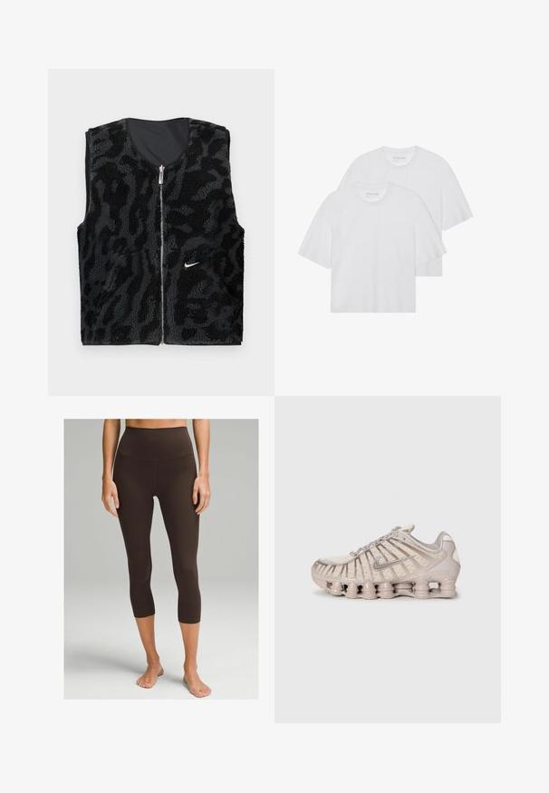 Melna vilnas veste ar rāvējslēdzēju priekšā, ar teksturētu dzīvnieku rakstu dizainu un nelielu balto Nike logo kreisajā pusē.; Baltas kokvilnas T-krekli, ar apaļu kakla izgriezumu, īsām piedurknēm, nedaudz brīvs piegriezums, gluda tekstūra, divu iepakojums, minimālists dizains.; lululemon ALIGN™ HIGH-RISE 53 CM - Legingi - espresso; Gaišbeidzs sporta apavi ar tīkla virsu, strukturētu dizainu un izteiksmīgu mīkstinātāju, kuram ir cilindriski elementi.