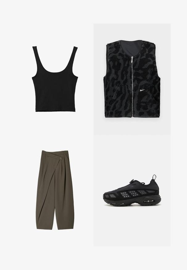 Black fleece vest with a zip front, featuring a textured, animal print design and a small white Nike logo on the left side.; Black cropped tank top with wide shoulder straps, made from soft material, featuring a smooth texture and a minimalist design.; Wide-fit trousers in dark olive green fabric, featuring a pleated front design, a button closure, and a polished, textured surface.; Black athletic shoe featuring a cushioned sole, mesh upper, and textured accents. Includes a pull tab and circular fastener on top.