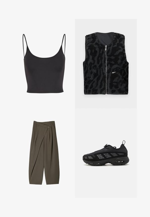 Black fleece vest with a zip front, featuring a textured, animal print design and a small white Nike logo on the left side.; Black, sleeveless crop top made of smooth fabric. Features thin spaghetti straps and a scoop neckline, with a fitted design.; Wide-fit trousers in dark olive green fabric, featuring a pleated front design, a button closure, and a polished, textured surface.; Black athletic shoe featuring a cushioned sole, mesh upper, and textured accents. Includes a pull tab and circular fastener on top.