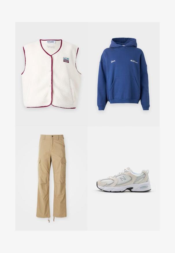 Krém színű bolyhos mellény bordó díszítéssel, V-nyakú fazon, patent gombokkal és hímzett logóval. Puha tapintású, ujjatlan stílusú.; Tengerészkék kapucnis pulóver puha pamutból, elülső zsebbe rakott zsebbel, bordázott ujjak végével és hímzett logókkal a mellrészen. Lazán, oversize szabású.; Tartós szövetből készült khaki cargo nadrág, több oldalsó zsebbel, egyenes lábbal és állítható húzózsinórral az alján.; Sportcipő, amely világosszürke hálós felsőrésszel és velúr részletekkel rendelkezik, fehér fűzőkkel és fekete gumitalppal. Kiemelkedő ABZORB párnázás részlet.