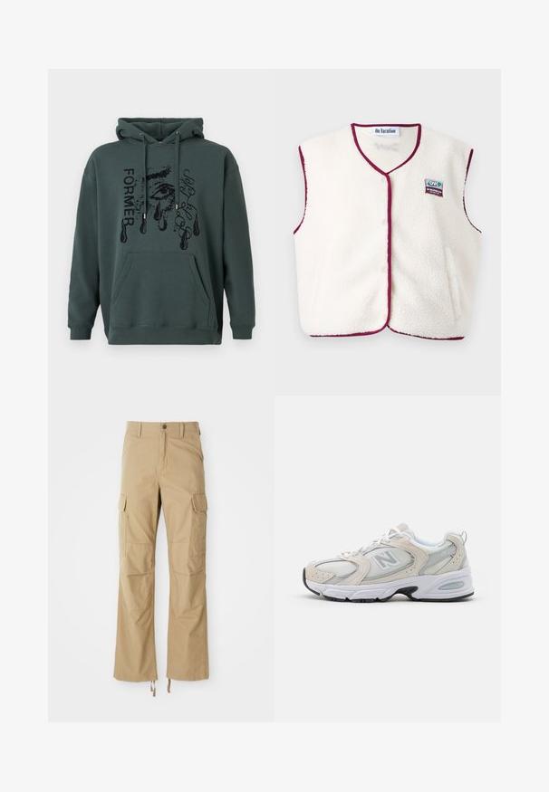 Hladký fleecový vest s vínovými doplnkami, designom s výstrihom do V, s patentami a vyšitým logom. Mäkká textúra, bezrukávový štýl.; Tmavozelená mikina vyrobená z mäkkého materiálu, ktorá disponuje prednou kapsou, sťahovacou kapucňou a grafickým textom s dizajnom oka a kvapkami.; Khaki cargo nohavice vyrobené z odolnej tkaniny, s viacerými bočnými vreckami, s priamym strihom a so stiahnuteľnými šnúrkami na leme.; Športová obuv s hornou časťou zo svetlošedého sieťového materiálu so semišovými akcentmi, bielymi šnúrkami a čiernou gumovou podrážkou. Výrazný detail odpruženia ABZORB.