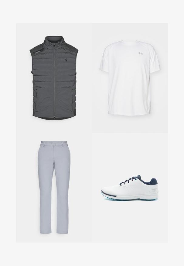 Grijze gewatteerde vest met een hoge kraag, rits aan de voorkant, schouderpatch en zijzakken; heeft horizontale stiksels voor textuur en warmte.; Witte sportieve T-shirt met korte mouwen, gemaakt van gladde stof. Heeft een ronde hals en een grijs logo op de linkerkant van de borst, met zijsplitten aan de zoom.; Lichtgrijze broek met een rechte snit, knoopsluiting, achterzakken en een gladde, gestructureerde stof. Minimalistisch ontwerp, geen patronen.; Witte sportieve schoenen met een gladde synthetische bovenkant, blauwe accenten, een gestructureerde marineblauwe hak en een lichtgewicht, met spikes uitgeruste zool voor grip.