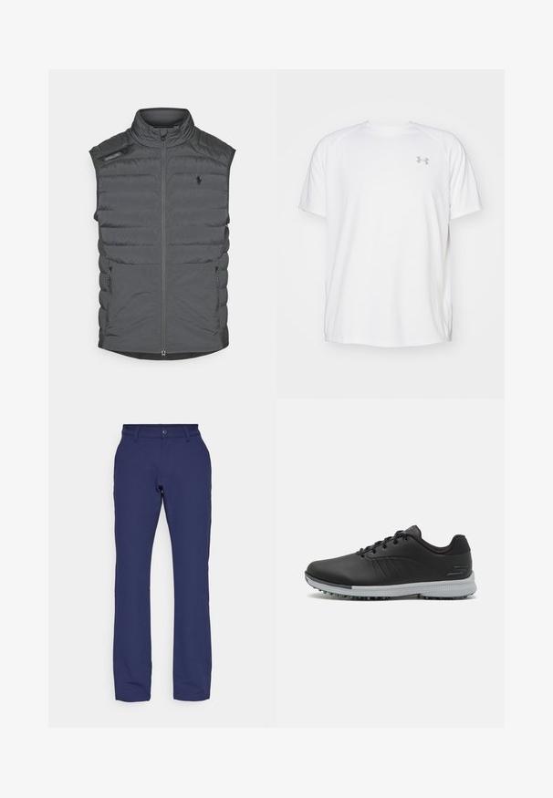 Pelēks pūkains veste ar augstu apkakli, rāvējslēdzēja priekšpusi, plecu uzlīmi un sānu kabatām; satur horizontālas šuves, kas piešķir tekstūru un siltumu.; Baltas īsajiem piedurknēm sporta krekls, izgatavots no gludas auduma. Tam ir apaļa kakla izgriezums un pelēks logo uz kreisās krūtis, kā arī sānu šķēlumi apakšmalā.; Tumši zili bikses, izgatavotas no mīkstas, elastīgas auduma. Iekļauj taisnu kāju dizainu, jostas cilpas un aizmugurē redzamu pogu aizdari.; Melna sintētiska golf apavi ar teksturētu augšējo daļu, auklu dizainu un pelēku zoles daļu ar uzgaļiem labākai saķerei.