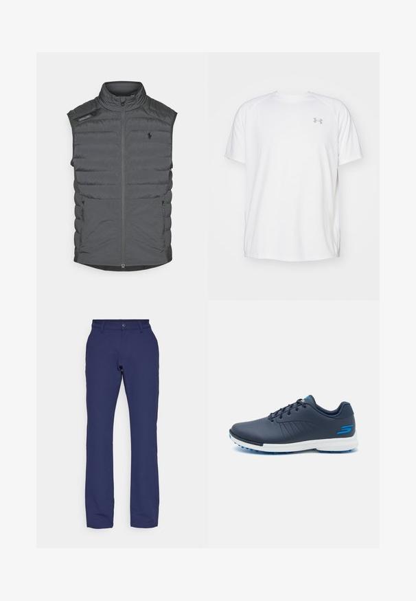 Chaleco de plumas gris con cuello alto, frente con cremallera, parche en el hombro y bolsillos laterales; presenta costuras horizontales para aportar textura y calidez.; Camisa atlética de manga corta blanca, hecha de tejido suave. Presenta un cuello redondo y un logo gris en el lado izquierdo del pecho, con aberturas laterales en el dobladillo.; Pantalones de color azul marino hechos de una tela suave y elástica. Presentan un diseño de pierna recta, con pasadores para cinturón y un cierre de botón en la parte delantera.; Zapatos de golf navy con un diseño elegante, parte superior sintética, entresuela blanca y clavos de goma azules. Presenta perforaciones para una mejor transpirabilidad.