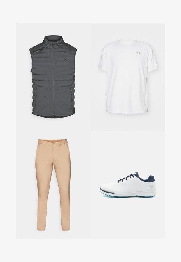 Grå vadderad väst med hög krage, dragkedja fram, axelrem och sidofickor; har horisontell sömnad för textur och värme.; Vit kortärmad träningsskjorta tillverkad av mjukt tyg. Har rund halsringning och en grå logo på vänster bröst, med sidoflikar vid fållen.; Beiga byxor i mjuk väv, med slim fit, bälteshällor och dragkedja fram med knappstängning. Inga synliga fickor.; Vita sportskor med en slät syntetisk ovandel, blå akcentuerade delar, strukturerad marinblå häl och en lätt, spetsad sula för bra grepp.