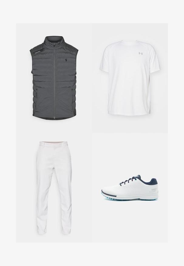 Grå vadderad väst med hög krage, dragkedja fram, axelrem och sidofickor; har horisontell sömnad för textur och värme.; Vit kortärmad träningsskjorta tillverkad av mjukt tyg. Har rund halsringning och en grå logo på vänster bröst, med sidoflikar vid fållen.; Vita byxor med en slät väv, slim fit-design och platt fram. Inga synliga fickor eller mönster. Ren fåll vid anklarna.; Vita sportskor med en slät syntetisk ovandel, blå akcentuerade delar, strukturerad marinblå häl och en lätt, spetsad sula för bra grepp.