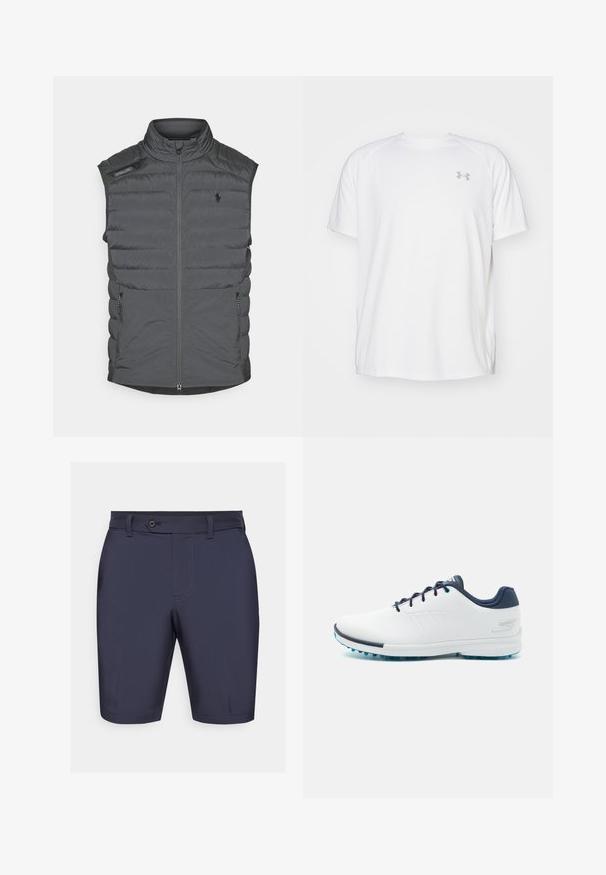 Grå puffervest med høy krage, glidelås foran, skulderlapp og sidelommer; har horisontal søm for tekstur og varme.; Hvit treningstopp med korte ermer laget av glatt stoff. Har rund hals og grått logo på venstre bryst, med sidesplitter i kanten.; Marineblå shorts med flat front, knappelukking, beltehemper og subtile sømdetaljer. Laget av et glatt, lett materiale.; Hvite idrettssko med en glatt syntetisk overdel, blå detaljer, teksturert marineblå hæl og en lett, pigget såle for bedre grep.