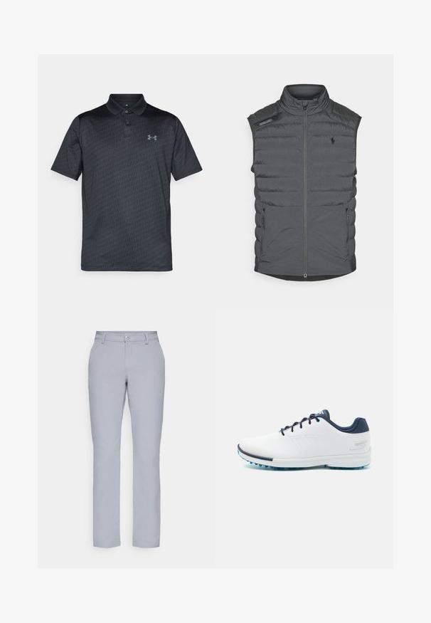 Gilet rembourré gris avec un col haut, une fermeture éclair à l'avant, un écusson sur l'épaule et des poches latérales ; il présente des coutures horizontales pour ajouter de la texture et de la chaleur.; Polo shirt gris foncé en tissu lisse, avec un motif géométrique subtil, un col et un logo bleu sur la poitrine gauche.; Pantalon gris clair à coupe droite, fermeture à bouton, poches avant et tissu lisse et texturé. Design minimaliste, sans motifs.; Baskets blanches avec une tige synthétique lisse, des accents bleus, un talon en marine texturé et une semelle légère avec des crampons pour une meilleure adhérence.