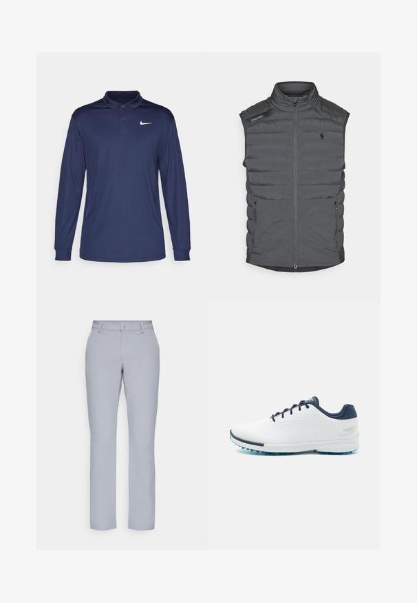 Pilkas pūkinis liemens švarkas su aukštu apykakle, užtrauktuko priekyje, pečių pleistru ir šoninėmis kišenėmis; pasižymi horizontaliu siuvimu, kuris suteikia tekstūros ir šilumos.; Tamsiai mėlynas polo marškinėliai ilgomis rankovėmis, pagaminti iš lengvos medžiagos, su iškeltu apykakle, mygtukų užtrauktuku ir balta Nike logotipu kairiajame krūtinės kampe.; Šviesiai pilkos kelnes su tiesiu kirpimu, mygtuko uždarymu, priekinėmis kišenėmis ir lygia, tekstūruota medžiaga. Minimalistinis dizainas, be raštų.; Balti sportiniai bateliai su lygiu sintetinės medžiagos paviršiumi, mėlynais akcentais, tekstūruotu tamsiai mėlynu kulnu ir lengvu, adatiniu padu geresniam sukibimui.