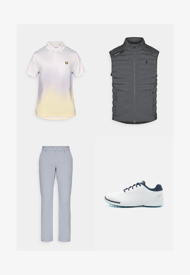 Hallatav hall puffvest kõrge kaelusega, lukuga ees, õlavarre plaastri ja küljetaskutega; omab horisontaalset õmblust tekstuuri ja sooja hoidmiseks.; Valge polo särk, mille alumises servas on kollane gradient, klassikalise kraega ja vasakul rinnal väike must linnu logo.; Heledad hallgrayd püksid, sirge lõikega, nööbiga sulgemine, esiosakud ja sile, tekstuuriga kangas. Minimalistlik disain, ilma mustriteta.; Valged spordijalanõud sileda sünteetilise ülemise osaga, siniste aksentidega, tekstureeritud tumesinise kontsaga ja kergest, narmastega tallaga hea haarduvuse tagamiseks.