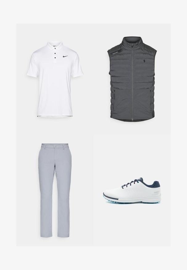 Grå puffervest med høy krage, glidelås foran, skulderlapp og sidelommer; har horisontal søm for tekstur og varme.; Hvit Nike piké med klassisk krage, tre svarte knapper og en liten svart logo på øvre venstre side. Korte ermer, glatt tekstur.; Lys grå bukser med rett snitt, knappelukking, frontlommer og et glatt, strukturert stoff. Minimalistisk design, uten mønstre.; Hvite idrettssko med en glatt syntetisk overdel, blå detaljer, teksturert marineblå hæl og en lett, pigget såle for bedre grep.