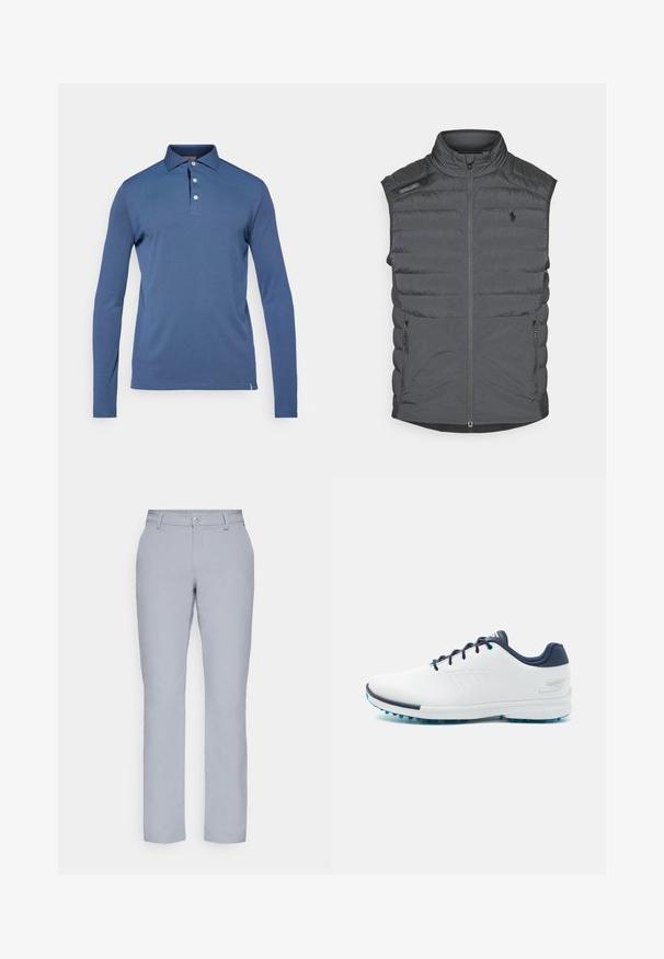 Gray puffer vest with a high collar, zippered front, shoulder patch, and side pockets; features horizontal stitching for texture and warmth.; Long-sleeve polo shirt in solid navy blue. Made of soft fabric with a classic collar and three-button placket. Features tailored fit.; Light gray trousers with a straight cut, button closure, front pockets, and a smooth, textured fabric. Minimalist design, no patterns.; White athletic shoes with a smooth synthetic upper, blue accents, textured navy heel, and a lightweight, spiked sole for traction.