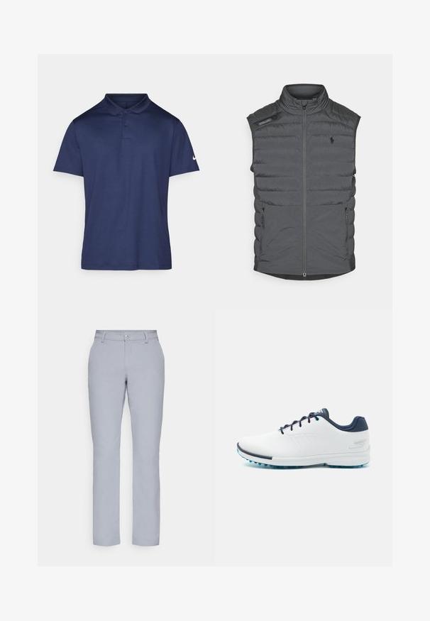 Šedý pufový vestáček s vysokým límcem, zipem vpředu, ramenní nášivkou a bočními kapsami; má horizontální prošití pro texturu a teplo.; Námořnická modrá polokošile z hladkého materiálu, s límcem, tří tlačítkovým rozepínáním a malým bílým logem na levém rukávu.; Světle šedé kalhoty s rovným střihem, zapínáním na knoflík, předními kapsami a hladkým, texturovaným materiálem. Minimalistický design, bez vzorů.; Bílé sportovní boty s hladkým syntetickým svrškem, modrými akcenty, texturovanou tmavě modrou patou a lehkou, hřebenovou podešví pro lepší přilnavost.