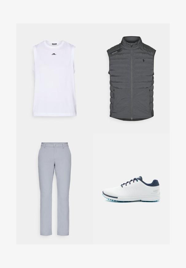 Hallatav hall puffvest kõrge kaelusega, lukuga ees, õlavarre plaastri ja küljetaskutega; omab horisontaalset õmblust tekstuuri ja sooja hoidmiseks.; Valge ilma varrukateta särk, mis on valmistatud siledast materjalist. Särgil on ümardatud kaelus ja keskosas väike must logo. Disain on lihtne ja puhas.; Heledad hallgrayd püksid, sirge lõikega, nööbiga sulgemine, esiosakud ja sile, tekstuuriga kangas. Minimalistlik disain, ilma mustriteta.; Valged spordijalanõud sileda sünteetilise ülemise osaga, siniste aksentidega, tekstureeritud tumesinise kontsaga ja kergest, narmastega tallaga hea haarduvuse tagamiseks.