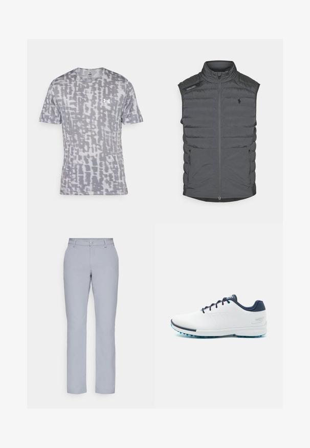 Gilet imbottito grigio con colletto alto, chiusura con zip, patch sulle spalle e tasche laterali; presenta cuciture orizzontali per texture e calore.; T-shirt grigio a maniche corte con un motivo moderno di tonalità variabili, dotato di scollo rotondo e di un piccolo logo bianco sul lato sinistro del petto.; Pantaloni grigi chiari con taglio dritto, chiusura a bottone, tasche frontali e un tessuto liscio e strutturato. Design minimalista, senza pattern.; Scarpe da ginnastica bianche con una parte superiore sintetica liscia, accenti blu, tallone blu navy texturizzato e una suola leggera con tacchetti per la trazione.