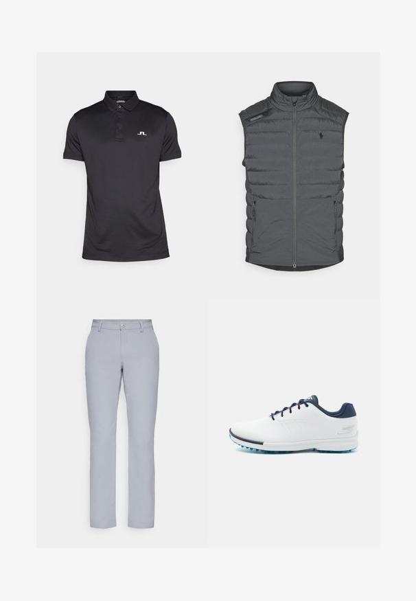 Šedý pufový vestáček s vysokým límcem, zipem vpředu, ramenní nášivkou a bočními kapsami; má horizontální prošití pro texturu a teplo.; J.LINDEBERG Sports WINCE - Polotričko - black; Světle šedé kalhoty s rovným střihem, zapínáním na knoflík, předními kapsami a hladkým, texturovaným materiálem. Minimalistický design, bez vzorů.; Bílé sportovní boty s hladkým syntetickým svrškem, modrými akcenty, texturovanou tmavě modrou patou a lehkou, hřebenovou podešví pro lepší přilnavost.