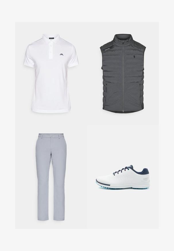 Sivý puffový vest s vysokým golierom, zipsom na prednej strane, nášivkou na ramene a bočnými vreckami; obsahuje horizontálne švy pre textúru a teplo.; J.LINDEBERG Sports WINCE - Polokošeľa - white; Svetlošedé nohavice s rovnými nohavicami, zapínaním na gombík, prednými vreckami a hladkým, štruktúrovaným materiálom. Minimalistický dizajn, bez vzorov.; Biele atletické topánky s hladkým syntetickým vrchom, modrými akcentmi, texturovaným námorníckym opätkom a ľahkou, hrotovanou podrážkou pre trakciu.