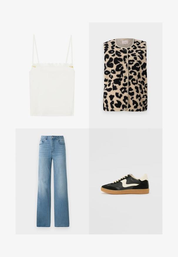 ONLY ONLBABY VEST - Liivi - pumice stone; Valkoinen toppi ohuilla olkaimilla, jossa on kauniisti kaartuva pitsikaulus ja pieni kukka-akcentti sivussa. Suora pinta, yksinkertainen muotoilu.; Vaaleansiniset korkeavyötäröiset farkut suoranlahkeisella muotoilulla. Valmistettu denimistä, jossa on viisi taskua ja napitus.; Mustat mokka- ja nahkakengät, joissa on kermaisen valkoinen sivupainatus ja vaalea kermaisine kantapää. Varustettu beigeillä nauhoilla ja kumista valmistetulla ulkopohjalla.