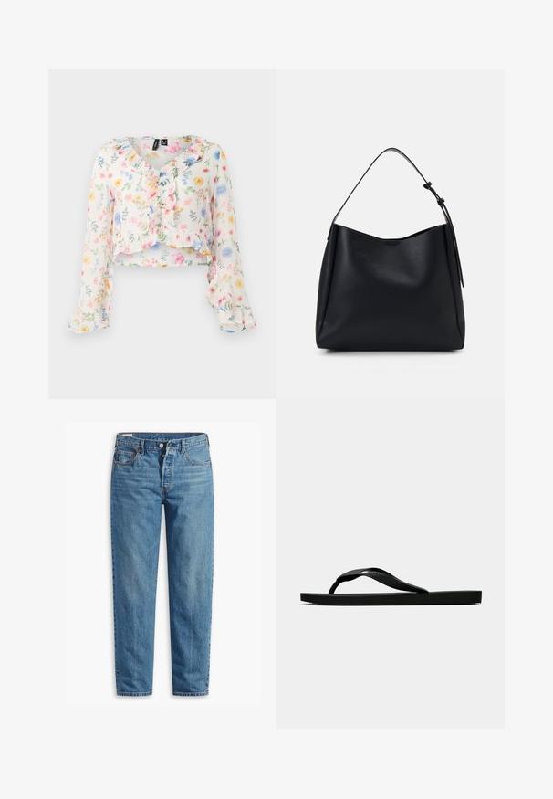 Top alb tricotat fără mâneci, cu un model text "CHAPOT" și motive de inimă și diamant. Decolteul este ribbat cu un margină ondulată.; Top scurt floral din material ușor. Are un guler și mâneci volănaș. Culorile predominante includ alb, roz, galben și albastru.; Pulover alb cu mânecă lungă, cu guler rotund, croială lejeră și textură moale. Fără modele vizibile sau detalii metalice.; Jeans din denim albastru cu croi drept, prezentând un fermoar, două buzunare frontale și o decolorare subtilă pe întreaga țesătură.; Sandala flip-flop din cauciuc negru, cu un bretele texturat și o talpă simplă și plată, prezentată din lateral pe un fundal simplu și deschis.; Geantă hobo din piele neagră, cu un singur umăr, textură netedă, vârf conic și design minimalist fără elemente de fixare vizibile.
