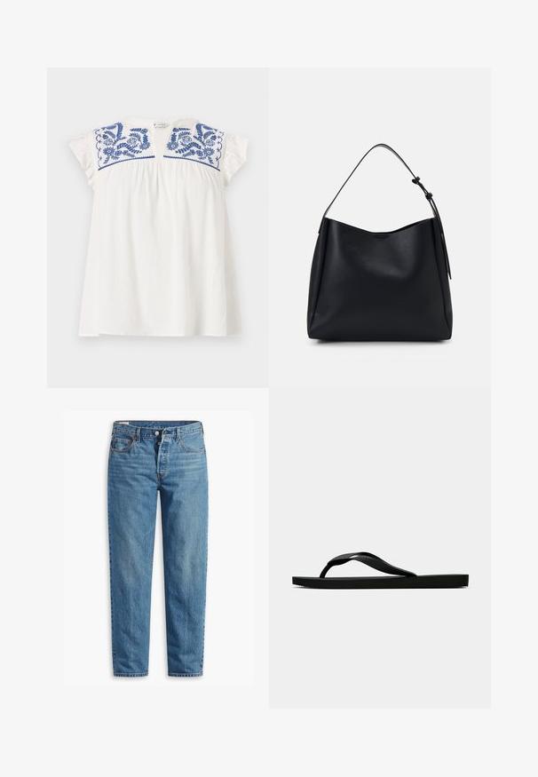 Baltas megztas be rankovių viršus su tekstiniu raštu "CHAPOT" ir širdies bei deimanto motyvais. Kaklo linija banguota, su užapvalintais kraštais.; Balta trumpa rankovėmis palaidinė su mėlynais gėlėmis siuvinėjimu ant apykaklės, su klostėmis, suteikiančiomis apimtį, ir minkštais raukiniais ant rankovių. Kasdienė, lengva medžiaga.; Mėlyni džinsai su tiesia kirpimo forma, su užtrauktuku, dviem priekinių kišenių ir subtiliu blukimu visame audinyje.; Juodas gumos šlepetės tipo sandalai su tekstūruota dirželiu ir paprastu plokščiu padu, rodomi iš šono ant vientiso šviesaus fono.; Juodas odinis hobo krepšys su vienu peties dirželiu, lygia tekstūra, siaurėjančiu viršumi ir minimalizmo dizainu be matomų detalių.