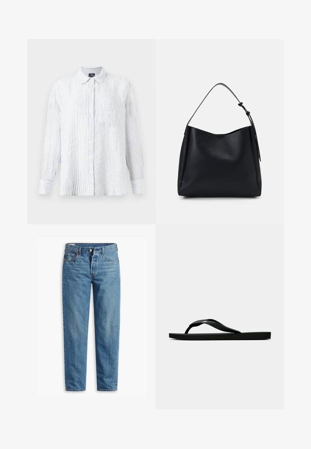 Top sem mangas tricotado em branco, apresentando um padrão de texto "CHAPOT" com motivos de coração e diamante. A gola é canelada com uma borda em forma de onda.; Camisa de botão de manga longa em branco com riscas verticais azuis, tecido de algodão, textura suave, colarinho e bolso no peito.; Jeans de denim azul com um corte straight-leg, apresentando um fecho de correr, dois bolsos frontais e um desbotamento subtil em toda a peça.; Chinelo de borracha preta com uma tira texturada e sola plana simples, mostrado de lado num fundo claro.; Bolsa hobo preta em couro com uma única alça para o ombro, textura suave, topo afunilado e design minimalista sem hardware visível.