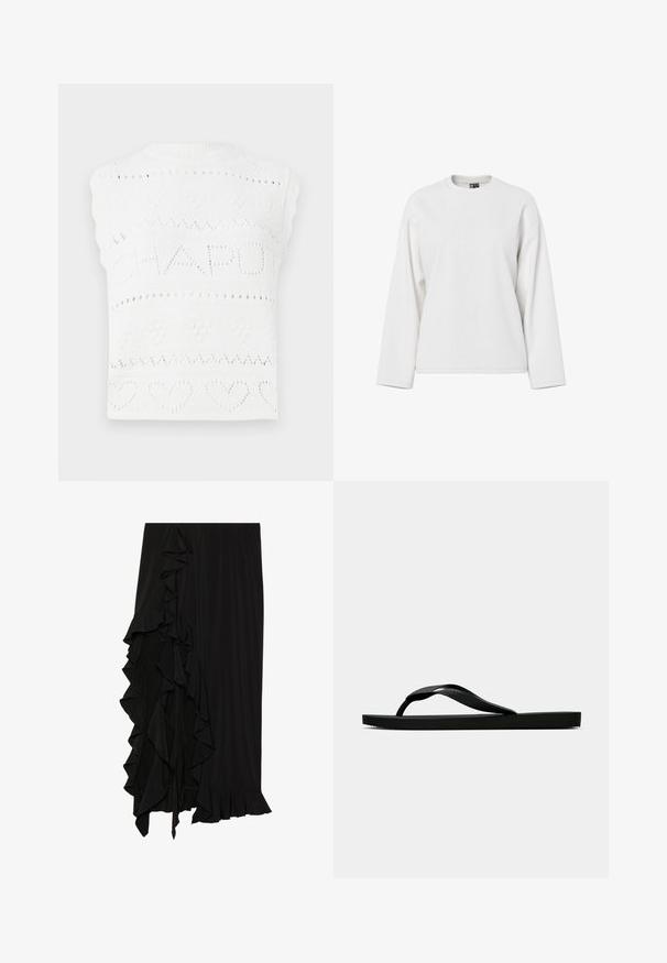 Valge kudumisest ilma varrukateta topp, millel on teksti muster "CHAPOT" koos südame ja teemandi motiividega. Krae on ribatud ja lainelise äärega.; Valge, pikade varrukatega sviiter ümmarguse kaelusega, lõdva istuvuse ja pehme tekstuuriga. Pole nähtavaid mustreid ega riistvaradetaile.; Must musträt, mis on valmistatud pehmest kangast, vasakul küljel rippuvate detailidega ja allservas laineline äär, luues voolava silueti.; Musta kummist suss, millel on tekstuuriga eraldi sõrmeosa ja lihtne lame tald, kuva külgvaates üheltoonilise heleda tausta ees.