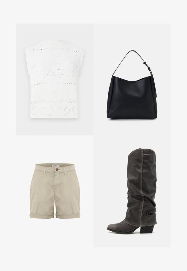 Top senza maniche in maglia bianca con un motivo testuale "CHAPOT" arricchito da motivi a forma di cuore e diamante. Il colletto è a coste con un bordo ondulato.; Felpa bianca a maniche lunghe con collo rotondo, vestibilità morbida e texture soffice. Nessun motivo visibile o dettagli hardware.; Shorts di cotone beige con orlo arrotolato, dotati di chiusura anteriore con bottone e tasche cucite. Texture liscia con dettagli minimi.; Stivali in pelle grigia al polpaccio con un design morbido, punta affilata e tacco impilato. Dettagli di cucitura evidenti nell'area della punta.; Borsa hobo in pelle nera con una sola tracolla, texture liscia, parte superiore affusolata e design minimalista senza hardware visibile.