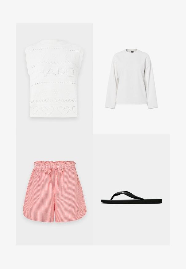 Valkoinen neulotuttu hihaton paita, jossa on tekstikuvio "CHAPOT" sekä sydän- ja timanttimotiivit. Kaulus on ribattua ja siinä on aaltoileva reuna.; Valkoinen pitkähihaisen kulutuspaita, jossa on pyöreä pääntie, rento istuvuus ja pehmeä rakenne. Ei näkyviä kuvioita tai metalliosia.; Punaiset ja valkoiset raidalliset shortsit, joissa on joustava vyötärönauha ja nauhakiinnitys. Omistaa rennon istuvuuden ja sileän pinnan.; Musta kumisaapas sandaali, jossa on teksturoitu thong-hihna ja yksinkertainen litteä pohja, esitetty sivustolta vaalealla taustalla.