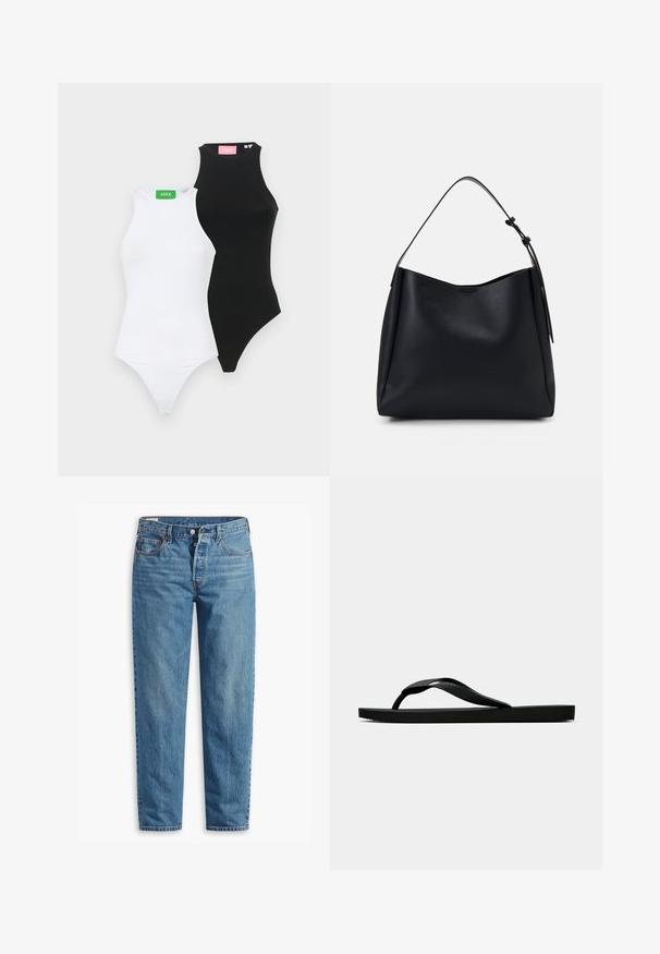 Vit stickad ärmlös topp med textmönstret "CHAPOT" samt hjärt- och diamantmotiv. Urrigningen är ribbad med en scalloped kant.; Två åtsittande bodysuits, en svart och en vit, med hög hals och tanga skärning. Var och en har en kontrasterande etikett i grönt och rosa.; Blå denimjeans med rak passform, med dragkedja, två framfickor och subtila färgförändringar över hela tyget.; Svart gummislip-in sandal med ett texturerat rem och enkel platt sula, visas från sidan på en enkel ljus bakgrund.; Svart läder hobo-väska med en axelrem, slät yta, avsmalnande topp och minimalistisk design utan synlig hårdvara.