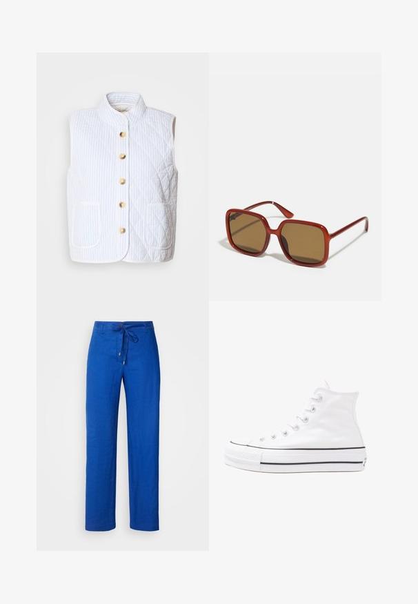 Kvadastik prsluk u bijeloj boji s svijetloplavim prugama. Ima stojeći ovratnik, šest zlatnih gumba i dva prednja džepa. Mekana tekstura.; Crna bezrukavna majica s visokim ovratnikom, izrađena od glatkog materijala. Prilagođeni dizajn s visokim ovratnikom i ravnim rubom, minimalistički i u jednobojnoj boji.; Plave lanene hlače s ležernim krojem, elastičnom trakicom u struku i ravnim nogavicama. Glatka textura s minimalnim detaljima i bez uzoraka.; Bijela visoka platnena tenisica s crnom gumenom potplatom, prednjim gumenim zaštitnikom prstiju i šest rupa za vezanje, s čistim, minimalističkim dizajnom.; Crvene sunčane naočale u obliku kvadrata s smeškastim sočivima. Debeli, sjajni okviri i tanke nogice s manjim detaljima sa strane za vizualni interes.; Srebrne kružne naušnice s glatkom, poliranom površinom. Okrugli oblik i sigurno kopčanje na klik. Lagani dizajn pogodan za svakodnevno nošenje.