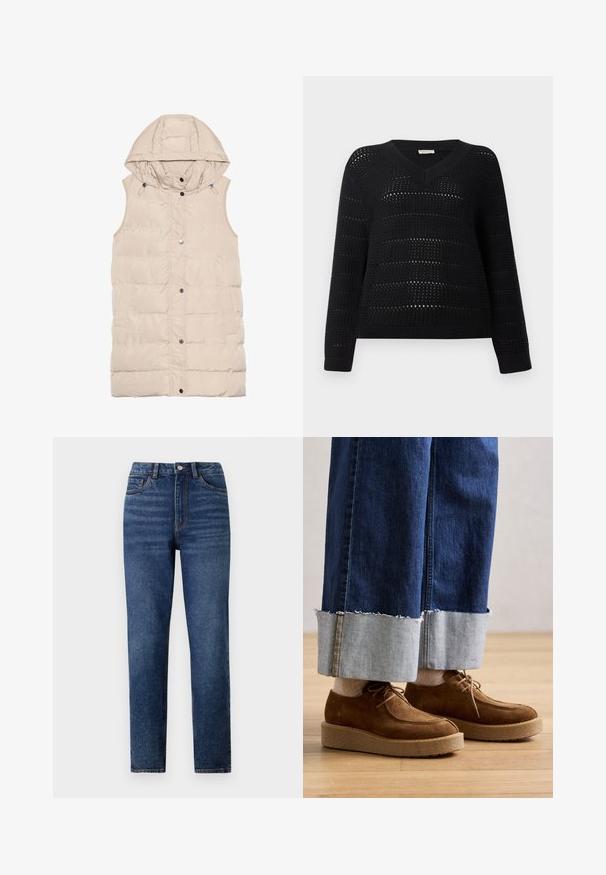 Gilet matelassé beige avec capuche, doté d'une fermeture éclair et de pressions, de poches latérales et d'un design en tissu texturé. Fini lisse.; TOM TAILOR DENIM V NECK - Pullover - deep black; Jeans en denim bleu taille haute avec une coupe droite, présentant un léger délavage, une fermeture à un bouton et un design à cinq poches.; Geox ELIDEA - Derbies - dark camel