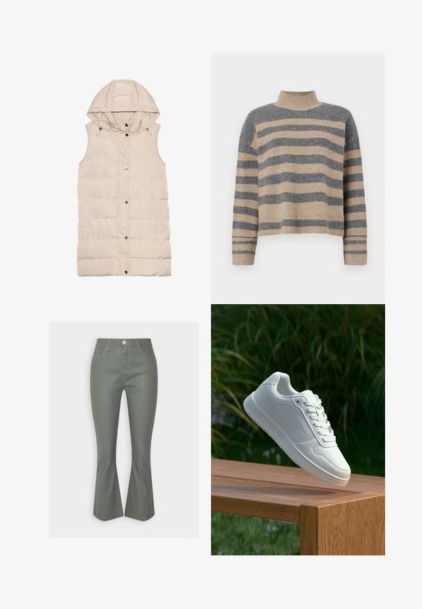 Bež podložen brezrokavnik s kapuco, ki ima zadrgo in gumbasto zapiranje, stranske žepke in teksturirano tkanino. Gladka površina.; Prajčast pulover z šivi v sivi in bež barvi, visokim ovratnikom, širokimi manšetami in sproščenim krojem s skrajšano zasnovo.; Sive flare jeans iz denima z sprednjimi žepi, gumbnim zapiranjem in rahlim sijajem. Gladka tekstura z kontrastnimi detajli šivanja.; Bela teniska s gladkim sintetičnim zgornjim delom, perforiranim prednjim delom, ravnimi vezalkami in teksturiranim podplatom, prikazana na leseni površini.