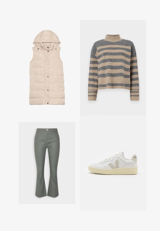 Bež prsluk s kapuljačom, sa zatvaračem i kopčanjem na dugme, bočnim džepovima i teksturiranim dizajnom tkanine. Glatka površina.; Prugasti pleteni džemper u sivoj i bež boji, s visokim ovratnikom, širokim rukavima s manžetama i opuštenim krojem koji je skraćen.; Siva traperice s flare krojem, prednjim džepovima, kopčanjem na dugme i blistavim izgledom. Glatka tekstura s kontrastnim šavovima.; Bijele kožne tenisice s bež nubuk naglascima, perforiranim prednjim dijelom, ravnim čipkama i teksturiranom kremastom potplatom. Sadrži suptilni brend na pete.