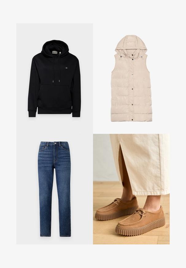 Bežová zateplená vesta s kapucňou, so zipsom a patentným zapínaním, bočnými vreckami a textúrovaným dizajnom látky. Hladký povrch.; Čierna mikina s kapucňou, predným vreckom, šnúrkami a mäkkou tkaninou. Má malú vyšívanú nášivku na hrudi a rebrované manžety.; Džínsy s vysokým pásom, modré, s rovnými nohavicami, ktoré majú jemné oprania, jednoprevodový zapínací gombík a dizajn s piatimi vreckami.; Svetlé kožené topánky s textúrovaným povrchom, okrúhlou špičkou a hrubými, zúbkovanými podrážkami. Šnúrky a detaily šitia zvýrazňujú dizajn.