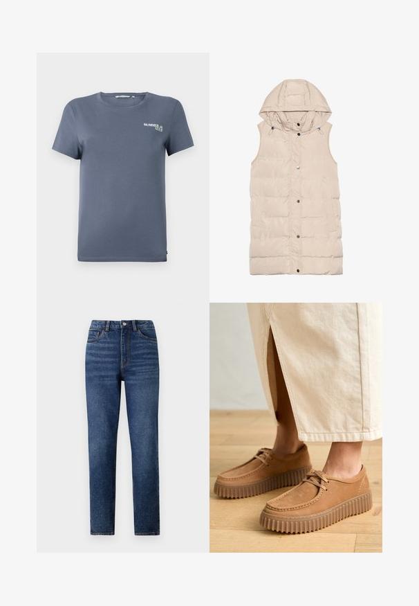 Beidzēts krēmkrāsas veste ar kapuci, ar rāvējslēdzēju un spiedpogu aizdari, sānu kabatām un faktūras auduma dizainu. Gluda apdare.; Zila kokvilnas t-krekls ar īsām piedurknēm, apaļu dekoltē un mazu "SUMMER CLUB" grafiku kreisajā pusē. Gluda tekstūra, regulāra piegriezuma.; Augstās jostasvietas zila džinsinga bikses ar taisnu kāju, ar smalku izbalējumu, vienu pogu aizdari un piecu kabatu dizainu.; Brūni ādas apavi ar teksturētu virsmu, apaļu purngalu un bieziem, rievotiem zoliem. Šnīres un šuvju detaļas papildina dizainu.