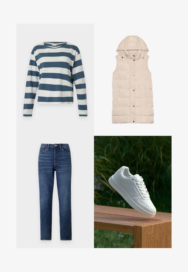 Beige, kapucnis, párnázott mellény, cipzárral és patentos záródással, oldalsó zsebekkel és textúrált anyagmintával. Simított felület.; TOM TAILOR DENIM STRIPED WITH BUTTONS - Hosszú ujjú felső - dusty blue/white; Magas derékú kék farmernadrág egyenes szárakkal, finom gyűrődésekkel, egygombos záródással és öt zsebes kialakítással.; Fehér sportcipő sima szintetikus felsőrésszel, perforált lábujjrész, lapos fűzőkkel és texturált talppal, fából készült felületen kihelyezve.