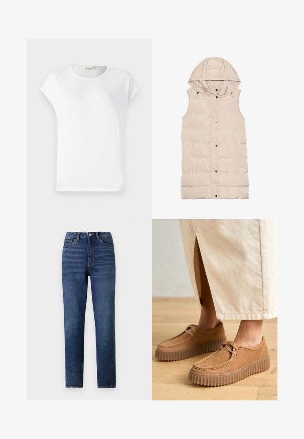 Beige gewatteerde vest met een capuchon, voorzien van een rits en drukknoopsluiting, zijzakken en een gemêleerd stofontwerp. Gladde afwerking.; Witte t-shirt met korte mouwen en een ronde hals, zachte textuur en een eenvoudig ontwerp. Strakke lijnen met een relaxte pasvorm.; Hoge taille blauwe denim jeans met rechte pijpen, voorzien van subtiele wassing, sluiting met één knoop en een vijf-pocket ontwerp.; Tanleren schoenen met een gestructureerd oppervlak, ronde neus en dikke, geribbelde zolen. Veters en stiksels accentueren het ontwerp.