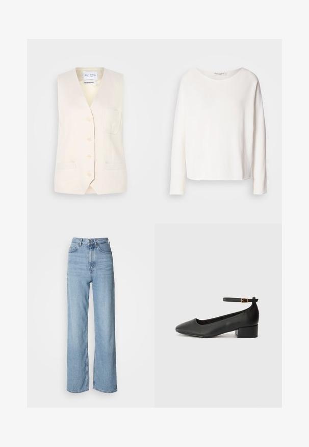Svetlo béžový bezrukávový sveter s výstrihom do V, piatimi gombíkmi a jednou náprsníkou. Vyrobený z textúrovanej látky s dvoma bočnými vreckami.; Dlhý rukáv, top s okrúhlym výstrihom z jemného, ľahkého bieleho materiálu s voľným strihom. Obsahuje čistý lem a žiadne viditeľné hardvérové prvky.; Svetlo modré vysoko pásové džínsy s rovnými nohavicami, vyrobené z denimu, s predným zapínaním na gombíky a jemnými vyblednutými detailmi.; Čierne kožené lodičky s špicatou špičkou a nízkym blokovým podpätkom. Obsahuje remienok okolo členka so zlatým prackou. Hladký povrch.