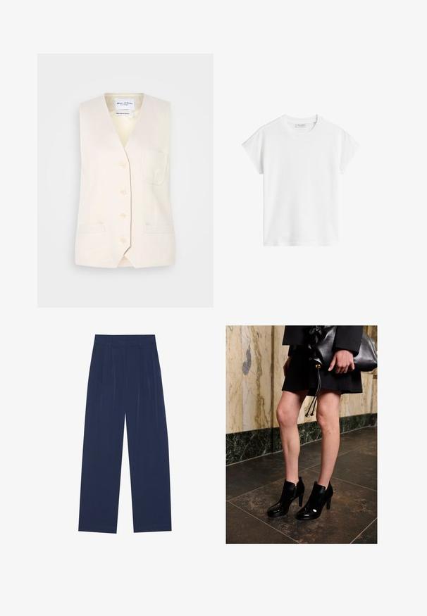Gilet sans manches beige clair avec un col en V, cinq boutons et une poche poitrine. Fabriqué en tissu texturé avec deux poches latérales.; T-shirt blanc à manches courtes en coton. Présente une coupe décontractée avec un col rond et des coutures d'épaule légèrement abaissées. Sans motifs ni accents.; Pantalons larges bleu marine en tissu doux, dotés de pliures à l'avant, d'une texture lisse et d'une coupe droite sans poches visibles.; Femme portant des bottines noires et une jupe noire, tenant une grande pochette en cuir noir, se tenant sur un sol carrelé sombre près d'un mur en marbre.
