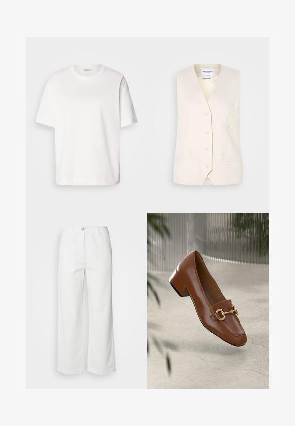 Lichtbeige mouwloze vest met een V-hals, vijf knopen en een enkele borstzak. Gemaakt van een gestructureerde stof met twee zijzakken.; Witte katoenen t-shirt met korte mouwen, ronde hals, ontspannen pasvorm en een soepele textuur; geen patronen of zichtbare hardware.; Witte wijde broek van textuurstoffe, met een voorste knoopsluiting en twee zijzakken, met een schoon, eenvoudig ontwerp.; Bruine lakleren loafer met vierkante neus, metallic kettingaccent en lage blokhak; gladde textuur, minimalistisch ontwerp.