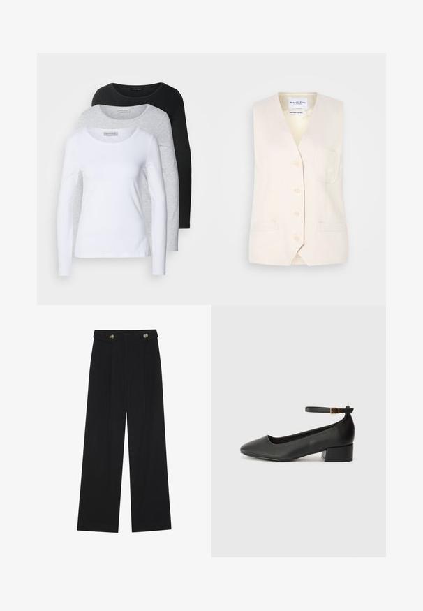 Svijetlo bež bezrukavni prsluk s V-izrezom, pet dugmadi i jednom džepom na prsima. Izrađen od strukturiranog materijala s dva bočna džepa.; Tri majice dugih rukava u bijeloj, sivoj i crnoj boji; okrugli izrez; glatka tkanina; oznake su vidljive na sivoj majici radi identifikacije branda.; Crne hlače širokih nogavica s visokim strukom, s dugmadi na pojasu i prednjim nabora.; Crne kožne pumpe s oštrim vrhom i niskom blok petom. Sadrže remen oko gležnja s zlatnim kopčanjem. Glatka tekstura.