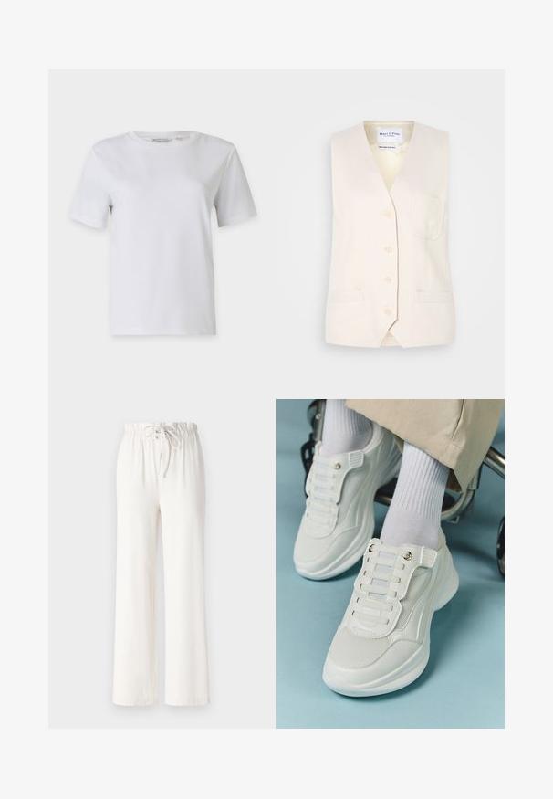 Lichtbeige mouwloze vest met een V-hals, vijf knopen en een enkele borstzak. Gemaakt van een gestructureerde stof met twee zijzakken.; Witte t-shirt met korte mouwen van gladde katoen. Heeft een ronde halslijn en rechte zoom, zonder patronen of versieringen.; Witte wijde broek van zacht materiaal, met een tailleband met trekkoord en een gladde textuur. Geen patronen of versieringen zichtbaar.; Witte sneakers met een mesh materiaal, rubberen zool, vetersloze uitvoering met elastische banden en gouden accenten.