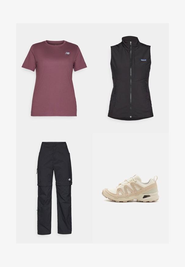 Črn brezrokavnik z visokim ovratnikom, sprednjim zadrgo in dvema stranskima žepoma, narejen iz gladkega, lahkega blaga. Logotip Patagonia je viden.; Bordo kratkosleevni majica iz mehkega materiala, s krožnim izrezom in majhnim sivim logotipom na levi strani prsnega dela.; Črne najlon hlače z zipom, ki se lahko odstranijo, s prilagodljivimi manšetami, več žepi in logotipom na desni nogi. Gladka, lahka tekstura.; Bež in krem športni čevlji z teksturiranim mrežastim zgornjim delom, podpornimi prekrivali in gumijastim podplatom z vzorcem za oprijem.